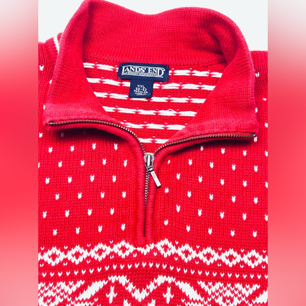 VTG Lands End Red 1/4 Zip Nordic ❄️ Christmas sweater heavy cotton knit XXL - Picture 5 of 9